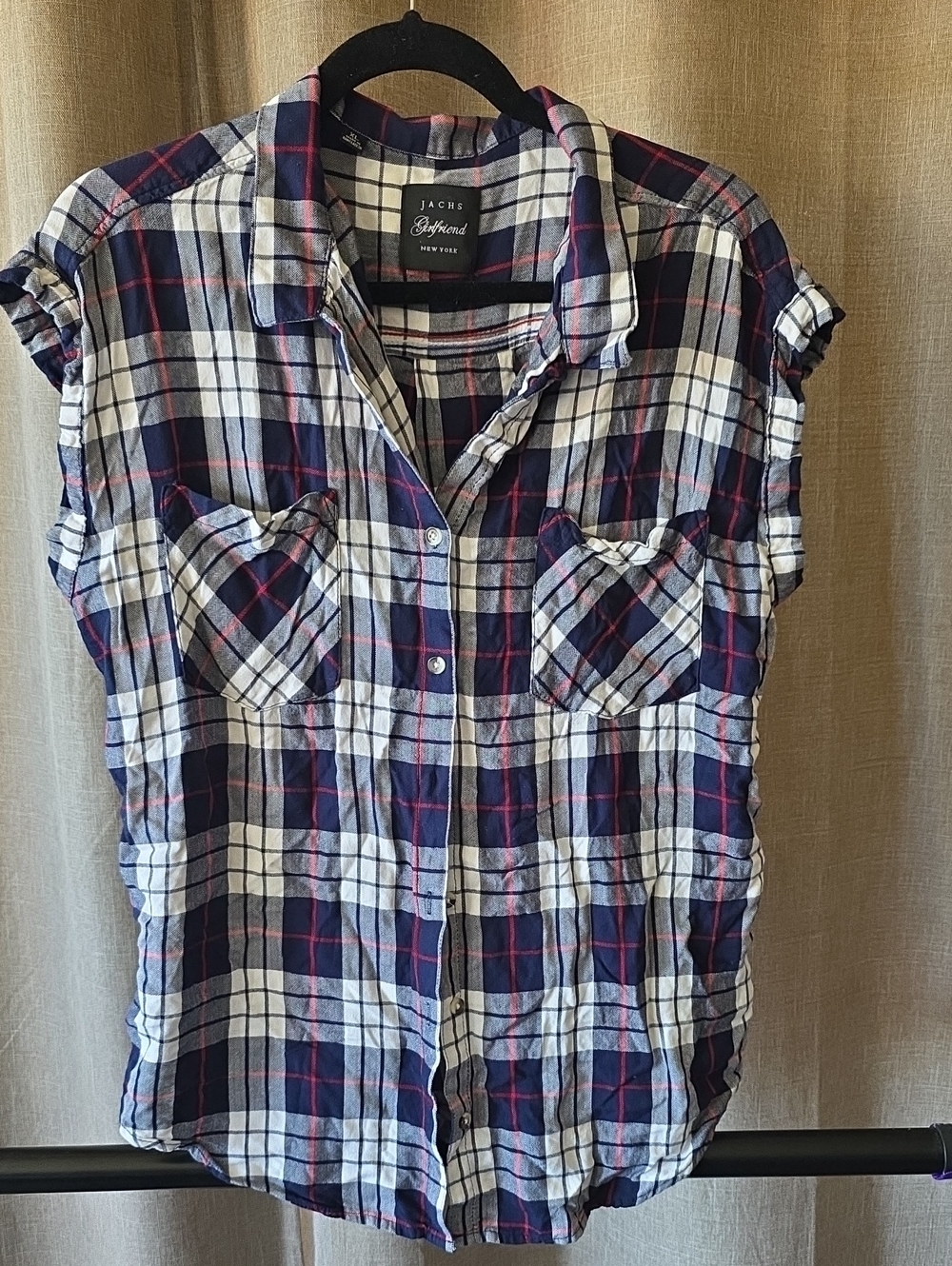 Women's Short Sleeve Blouse Nave, White And RED checkered